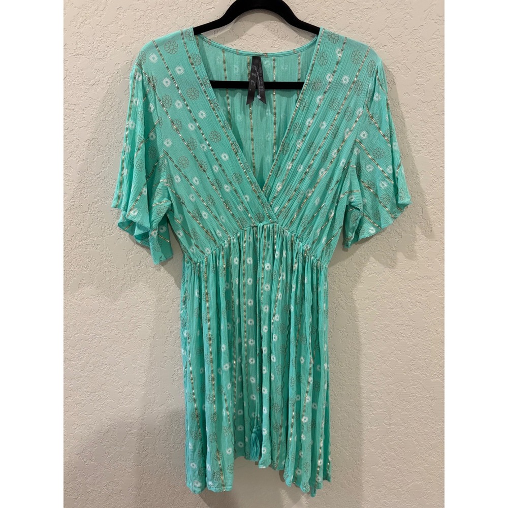 Etc. Aqua Turquoise Floral Gold Metallic Stripe V-Neck Mini Dress One Size
